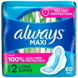 (6 pack) Always Maxi Pads with Wings, Size 2, Long Super, 60 Count