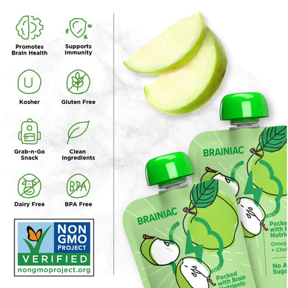 (2 pack) Brainiac Brain Squeezers Applesauce with Omega-3s, Apple, No Sugar Added, 3.2 oz, 10 Ct