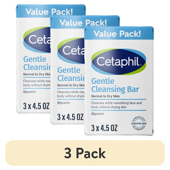 (3 pack) Cetaphil Gentle Face Cleanser and Body Wash Bar for Dry to Normal, Sensitive Skin Value Pack, 4.5 oz (Pack of 3)