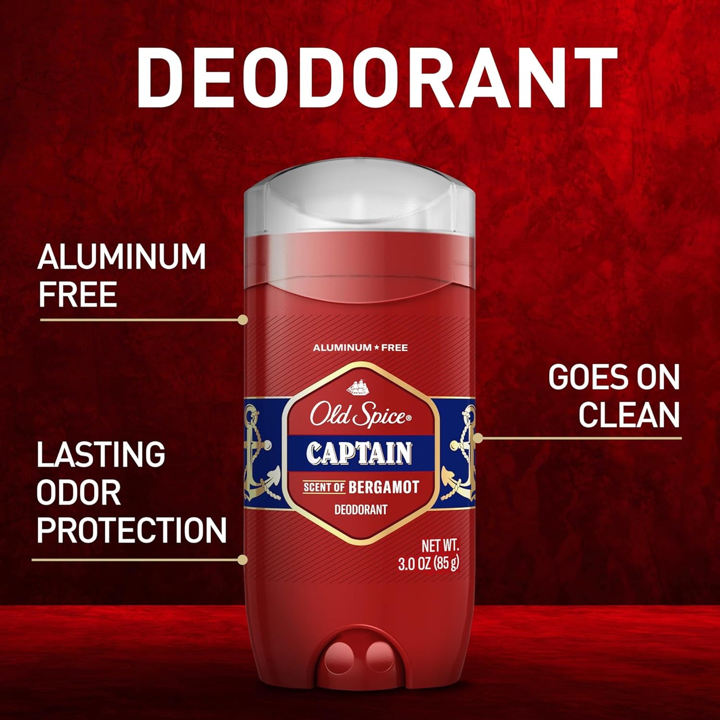 Old Spice Aluminum Free Deodorant for Men,24/7 Odor Protection,24/7 Freshness & Lasting Scent,Captain with Bergamot Scent,3.0 oz,(Pack of 12)