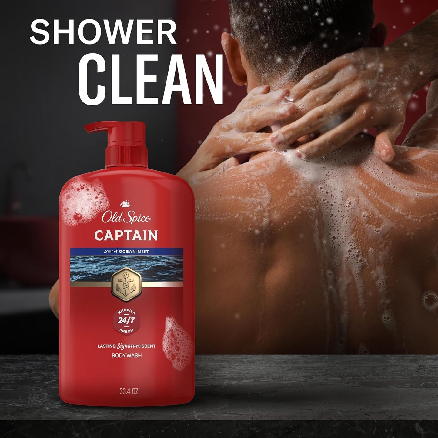 Old Spice Refreshing Body Wash for Men, 3X Defense, 24/7 Shower Fresh with Long Lasting Scent, Red Collection, Captain with Bergamot Scent, 33.4 oz