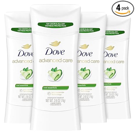 Dove Advanced Care Antiperspirant Deodorant Stick Cool Essentials 4 ct for helping your skin barrier repair after shaving 72 hour odor control and sweat protection with Pro Ceramide Technology 2.6 oz