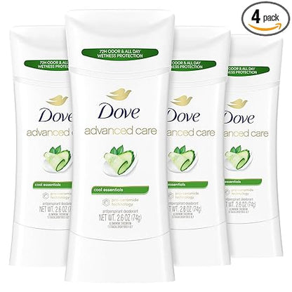 Dove Advanced Care Antiperspirant Deodorant Stick Cool Essentials 4 ct for helping your skin barrier repair after shaving 72 hour odor control and sweat protection with Pro Ceramide Technology 2.6 oz