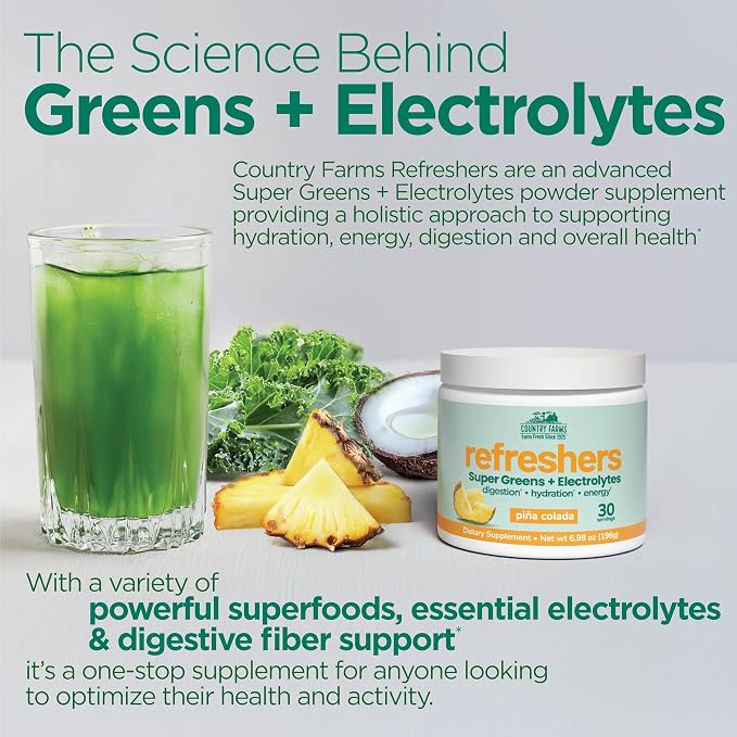 Country Farms Refreshers, Super Greens and Electrolytes, Essential Minerals and Superfoods, Hydration Support, Promotes Natural Energy, with Fiber, Piña Colada, 30 Servings