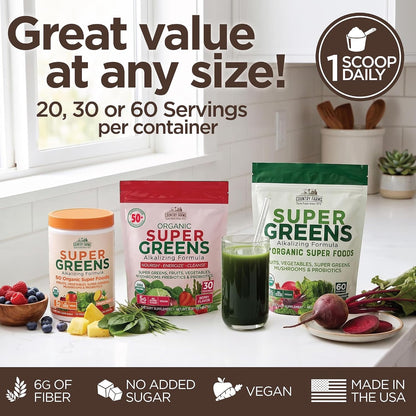 Country Farms Organic Super Greens Powder, Daily Greens Drink Mix with 50 Organic Superfoods, Fruits, Vegetables, Fiber, Mushrooms & Probiotics for Gut Health, Digestion & Energy, Chocolate Flavor