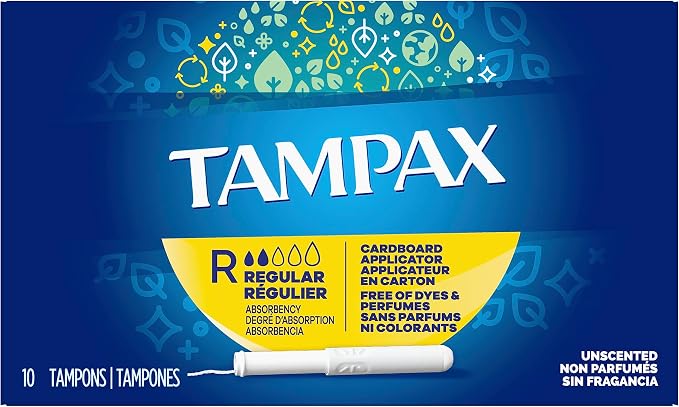 Tampax Cardboard Tampons Regular Absorbency, Anti-Slip Grip, LeakGuard Skirt, Unscented, 10 Count