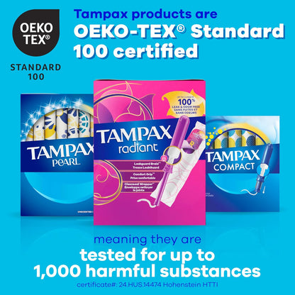 Tampax Radiant Tampons Multipack, with LeakGuard Braid, Regular/Super/Super Plus Absorbency, Up to 100% Leak and Odor Free Protection, Unscented, 77 Count