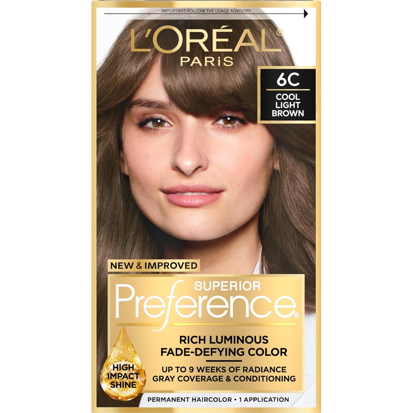 L'Oreal Paris Superior Preference Luminous Fade-Defying Permanent Hair Color, Hair Dye For Up to 9 Weeks of Radiance, Cool Light Brown 6C, 1 Hair Dye Kit