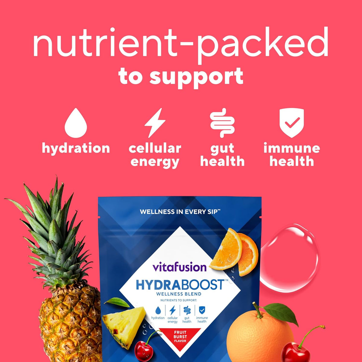 Vitafusion Hydraboost Drink Powder Packets, Electrolytes Support Daily Hydration, Vitamins Support Cellular Energy & Immune Health, Prebiotic Fiber Supports Gut Health, Fruit Burst, 15 Sticks