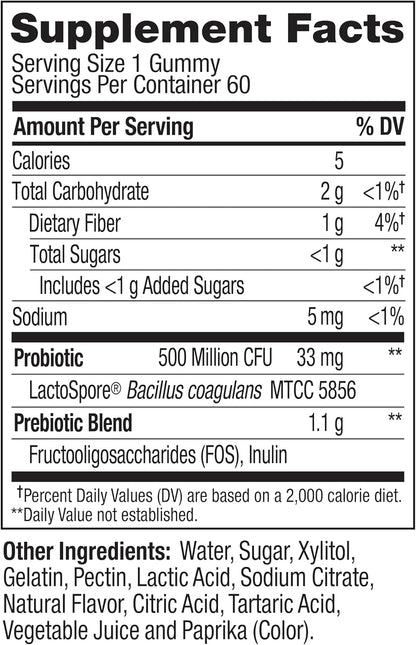 OLLY Probiotic + Prebiotic Gummy, 500 million CFUs, Peachy Peach - 60 Count