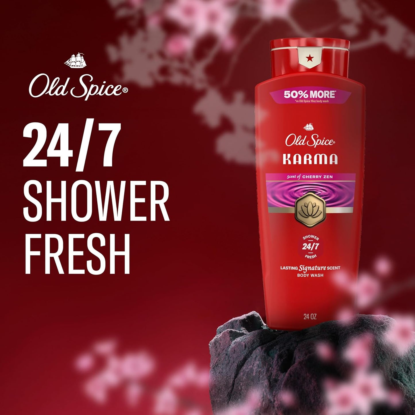 Old Spice Body Wash for Men, 24/7 Shower Fresh & Clean w/Daily Use, Lasting Signature Scent, Refreshing Lather, Moisturizing Formula, Karma with Cherry Spice, Black Pepper, & Sandalwood Scent, 24 oz
