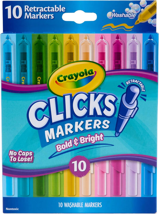 Crayola Clicks Retractable Markers Bold (10ct), Teacher Classroom School Supplies, Spring Crafts, No Dry Washable Markers for Kids | Classroom Supplies, No Dry Washable Markers for Kids