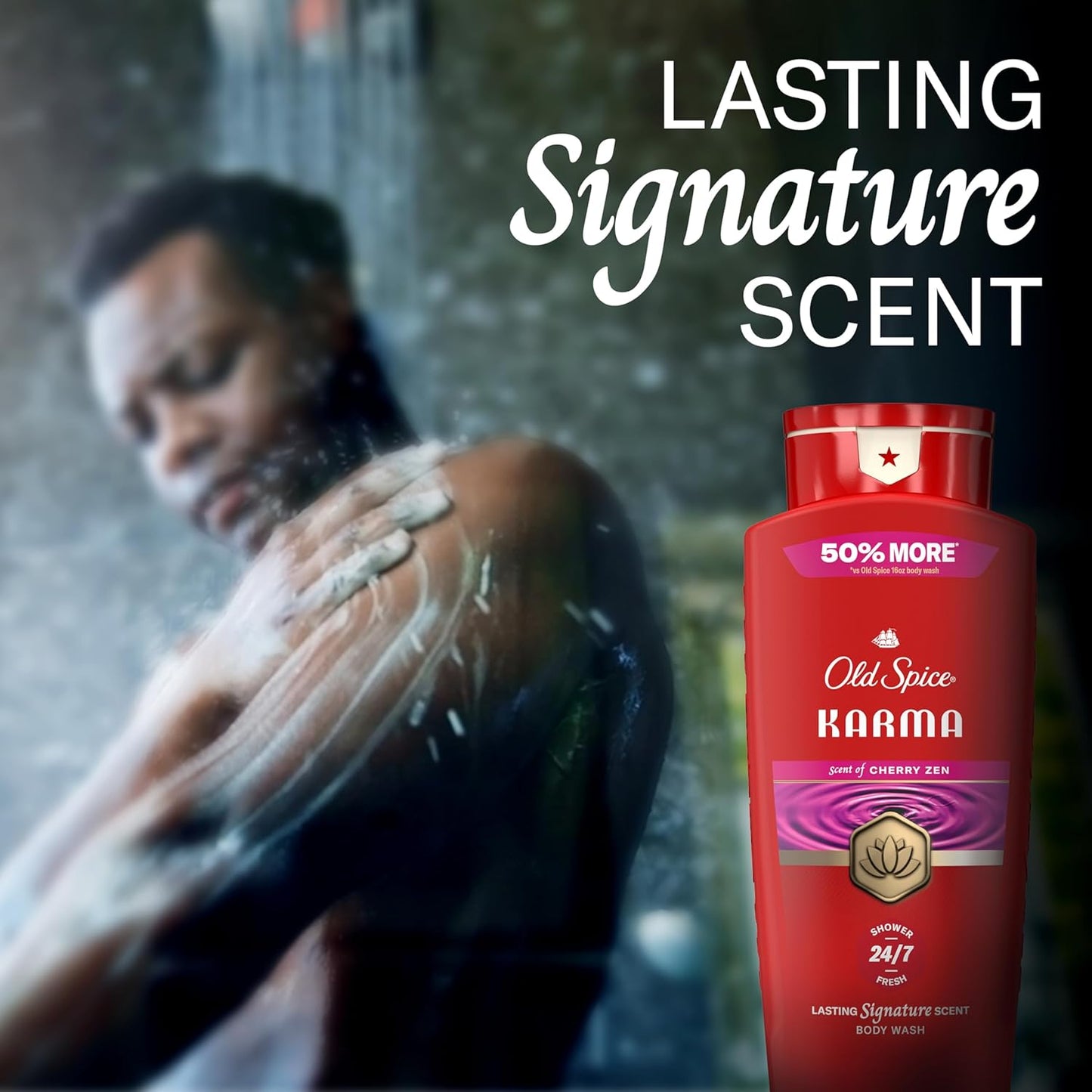 Old Spice Body Wash for Men, 24/7 Shower Fresh & Clean w/Daily Use, Lasting Signature Scent, Refreshing Lather, Moisturizing Formula, Karma with Cherry Spice, Black Pepper, & Sandalwood Scent, 24 oz