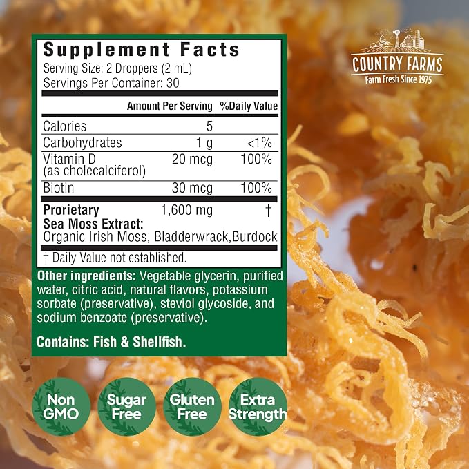 Country Farms Irish Sea Moss Liquid, Supports Beautiful Skin, Cleans and Detoxify, Immune Support, Promotes Healthy Gut, Promotes Natural Energy Levels, Burdock, Irish Moss and Bladderwrack, 2 Fl Oz