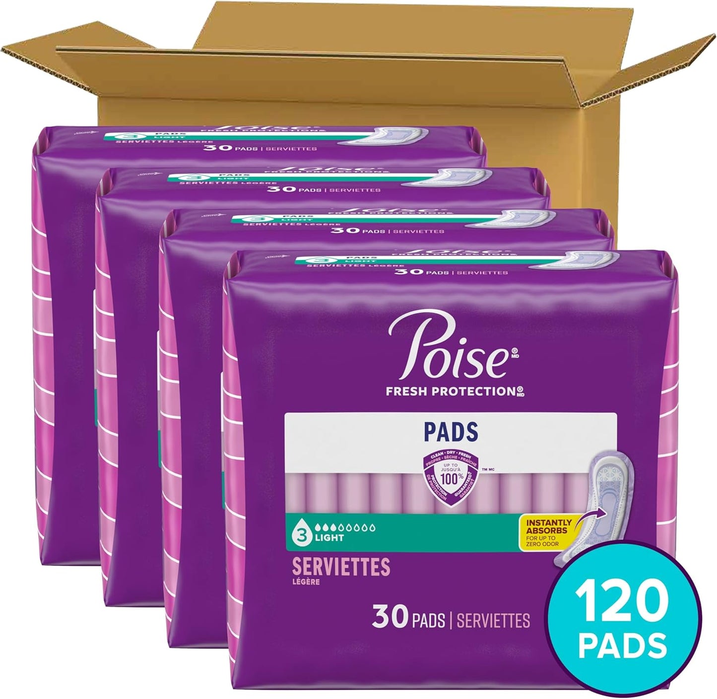 Poise Incontinence Pads & Postpartum Incontinence Pads, 3 Drop Light Absorbency, Regular Length, Packaging May Vary, 120 Count (Pack of 2)