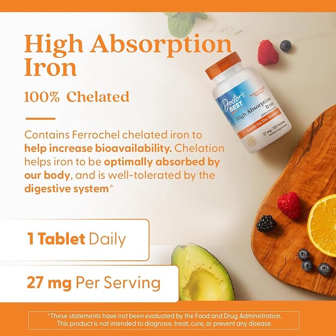 Doctor's Best Chelated Iron Supplement with Ferrochel, 27 mg, 120 Tablets