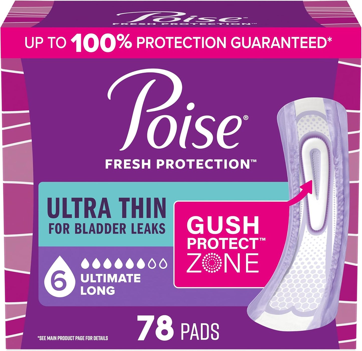 Poise Ultra Thin Incontinence Pads & Postpartum Pads for Bladder Leaks, 6 Drop Ultimate Absorbency, Long Length, 78 Count, Packaging May Vary