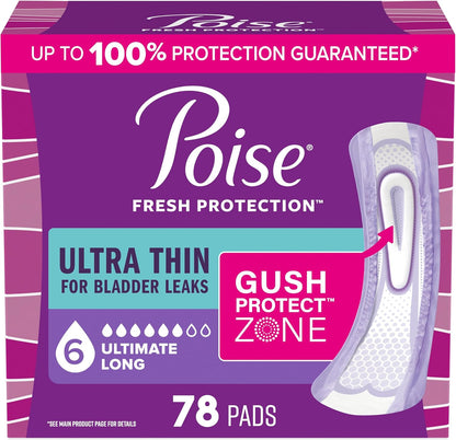 Poise Ultra Thin Incontinence Pads & Postpartum Pads for Bladder Leaks, 6 Drop Ultimate Absorbency, Long Length, 78 Count, Packaging May Vary