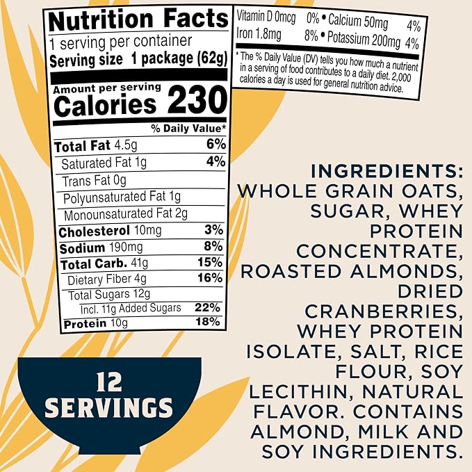 Quaker Protein Instant Oatmeal Express Cups, Cranberry Almond, 10g Protein, 2.18 Ounce (Pack of 12)