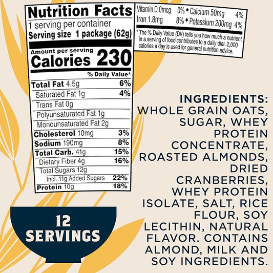 Quaker Protein Instant Oatmeal Express Cups, Cranberry Almond, 10g Protein, 2.18 Ounce (Pack of 12)