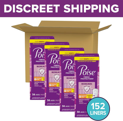 Poise Daily Microliners, Incontinence Panty Liners for Bladder Leaks, 1 Drop Lightest Absorbency, Long Length, 152 Count of Pantiliners (4 Packs of 38)