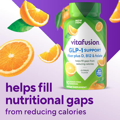 Vitafusion GLP-1 Support Fiber Plus Vitamins D,B12 and Folate Gummy Vitamins,Citrus Flavor,Sugar Free,30 Day Supply,90 Count (Pack of 2)