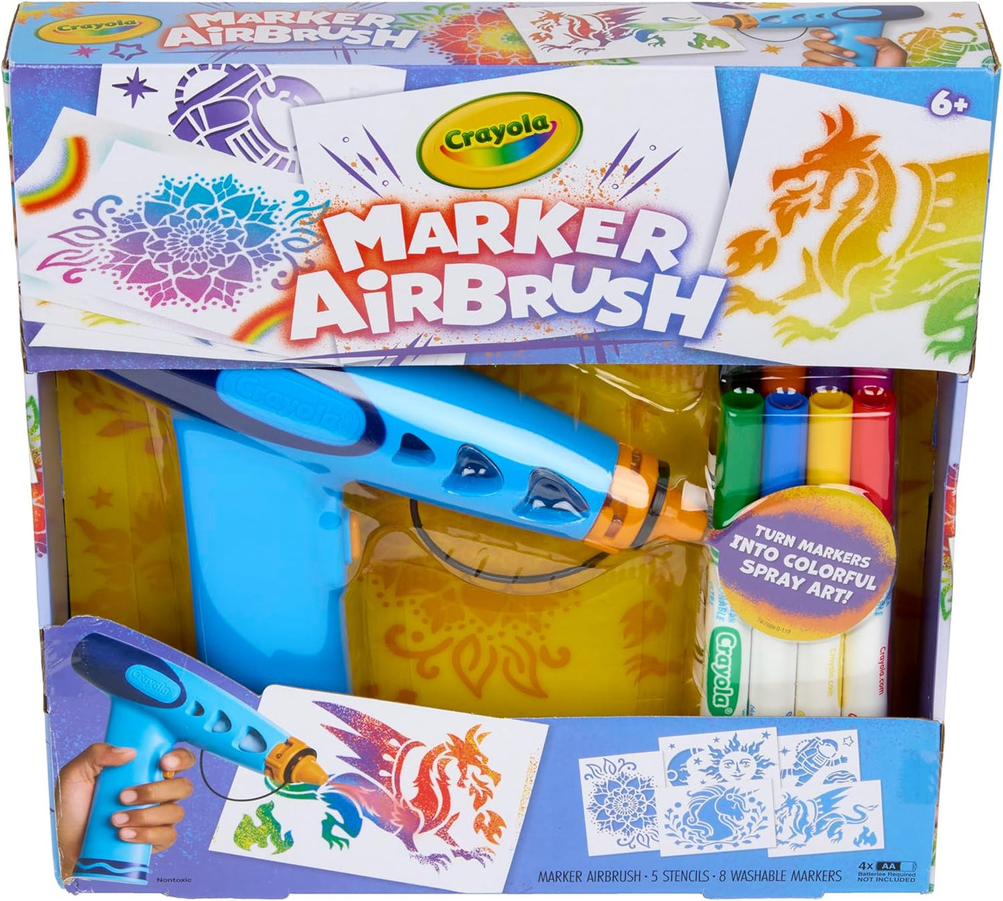 Crayola Marker Airbrush Spray Art Kit, 8 Washable Markers, 5 Stencils | Arts & Crafts Toys for Kids, Birthday, Holiday Gifts for Girls & Boys 6+, Battery-Powered Sprayer Kids Activities