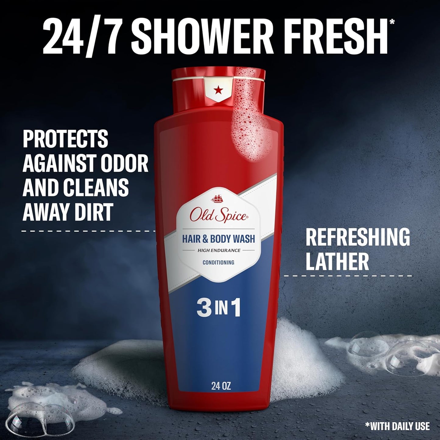 Old Spice Refreshing 2-in-1 Hair & Body Wash Conditioner for Men, High Endurance, 3X Defense, 24/7 Shower Fresh with Lasting Scent, Scented, 24 oz