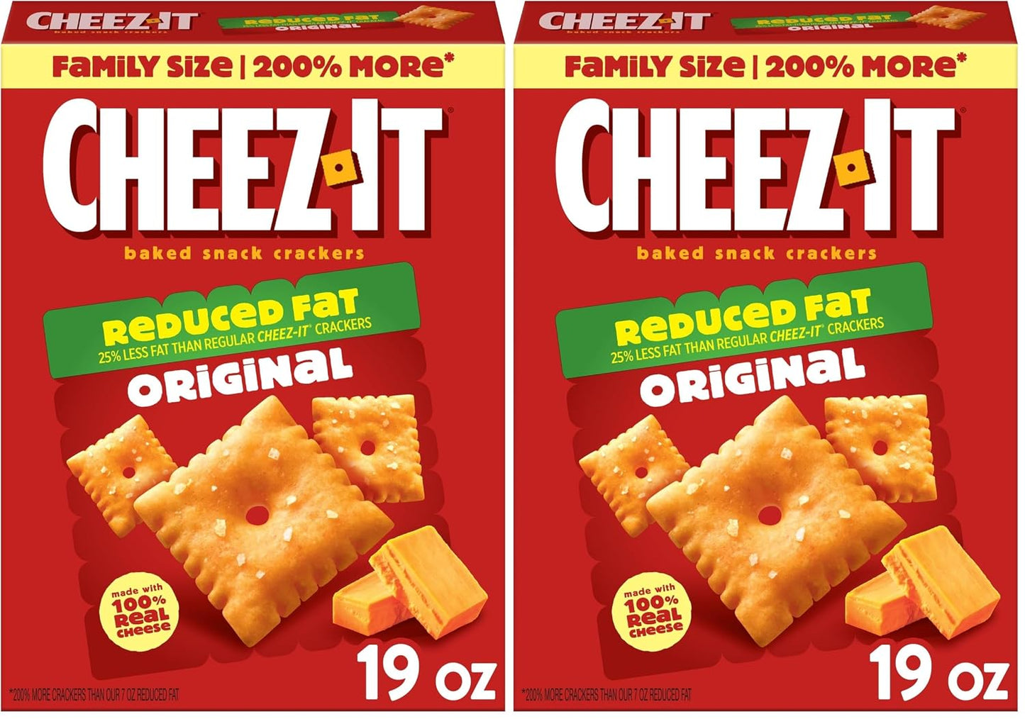 Cheez-It Cheese Crackers, Baked Snack Crackers, Lunch Snacks, Family Size, Reduced Fat Original, 19oz Box (1 Box) (Pack of 2)