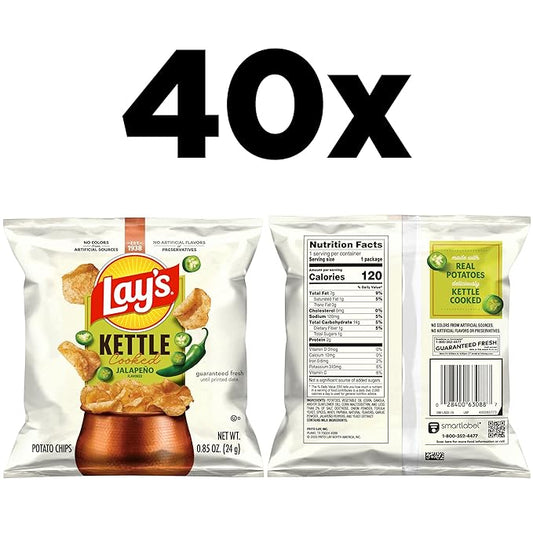 Lay's Kettle Cooked Potato Chips, Jalapeno, 0.85 Ounce (Pack of 40)