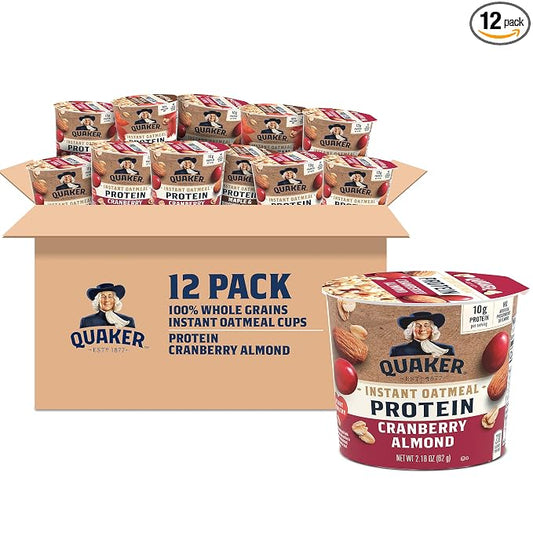 Quaker Protein Instant Oatmeal Express Cups, Cranberry Almond, 10g Protein, 2.18 Ounce (Pack of 12)