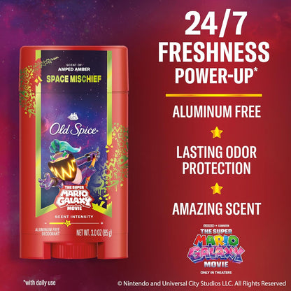 Old Spice X Super Mario, Space Mischief with Armed Amber Scent, Aluminum Free Deodorant + Body & Face Wash Bundle for Men, Smell Super with 24/7 Lasting Freshness & 24/7 Shower Clean (Pack of 2)