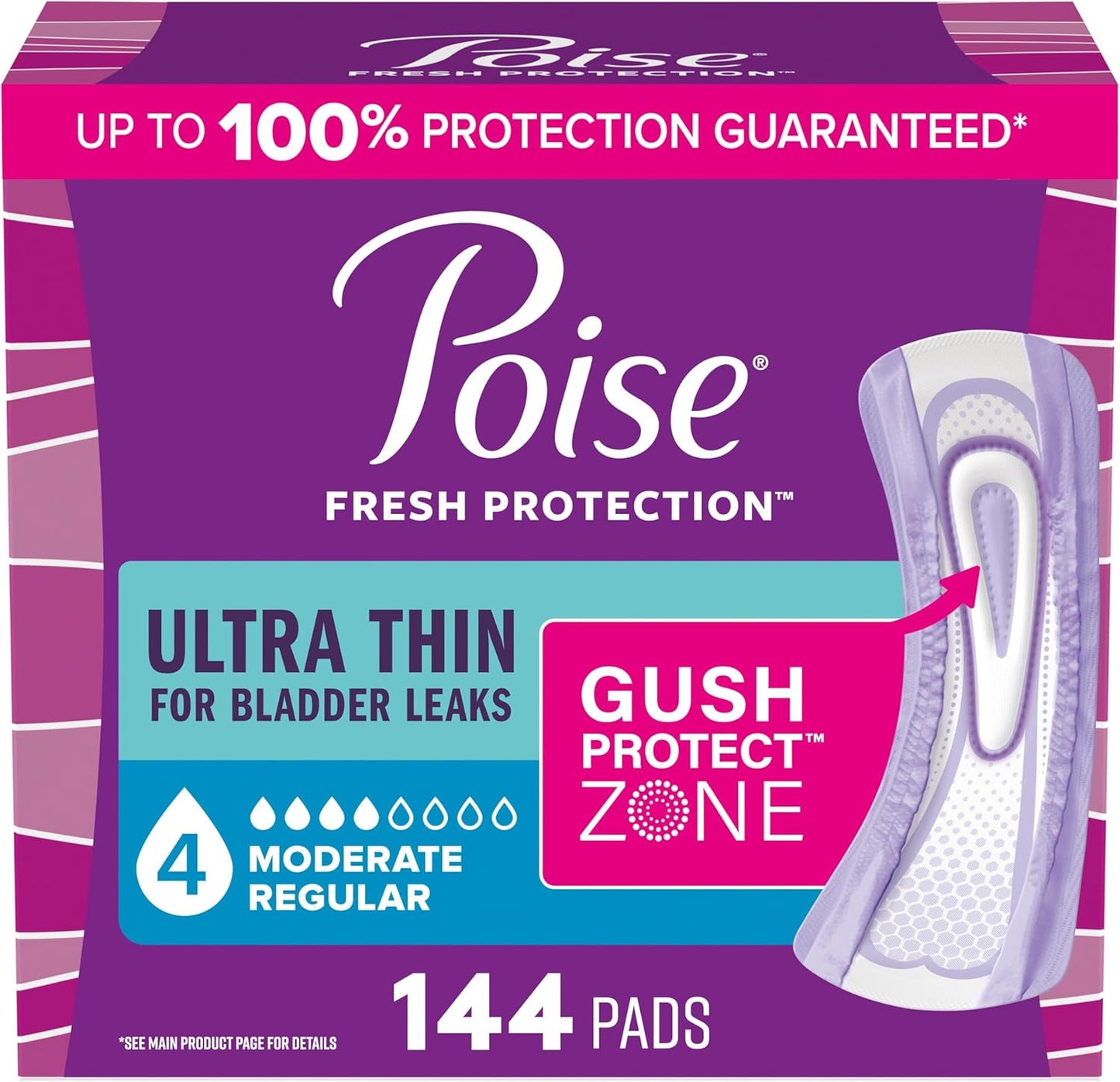 Poise Ultra Thin Incontinence & Postpartum Pads for Bladder Leaks, 4 Drop Moderate Absorbency, Regular Length, 144 Count (Packaging May Vary)