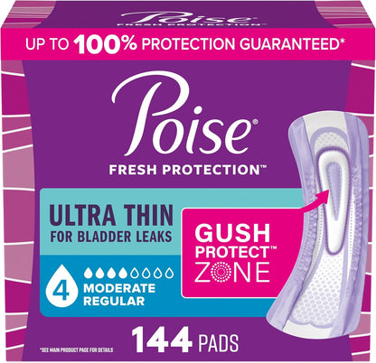 Poise Ultra Thin Incontinence & Postpartum Pads for Bladder Leaks, 4 Drop Moderate Absorbency, Regular Length, 144 Count (Packaging May Vary)