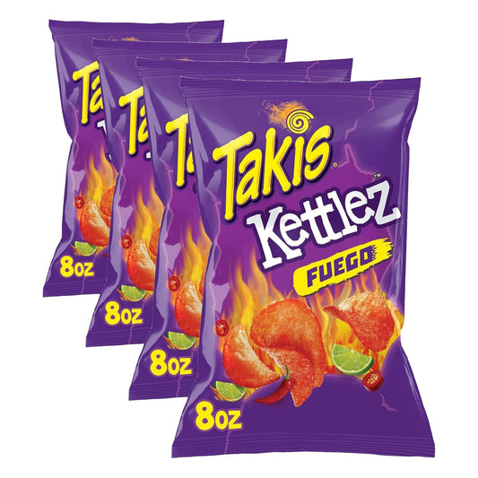 Takis Fuego Kettlez 8 oz Sharing Size Bag, Hot Chili Pepper & Lime Flavored Extreme Spicy Kettle-Cooked Potato Chips (Pack of 4)