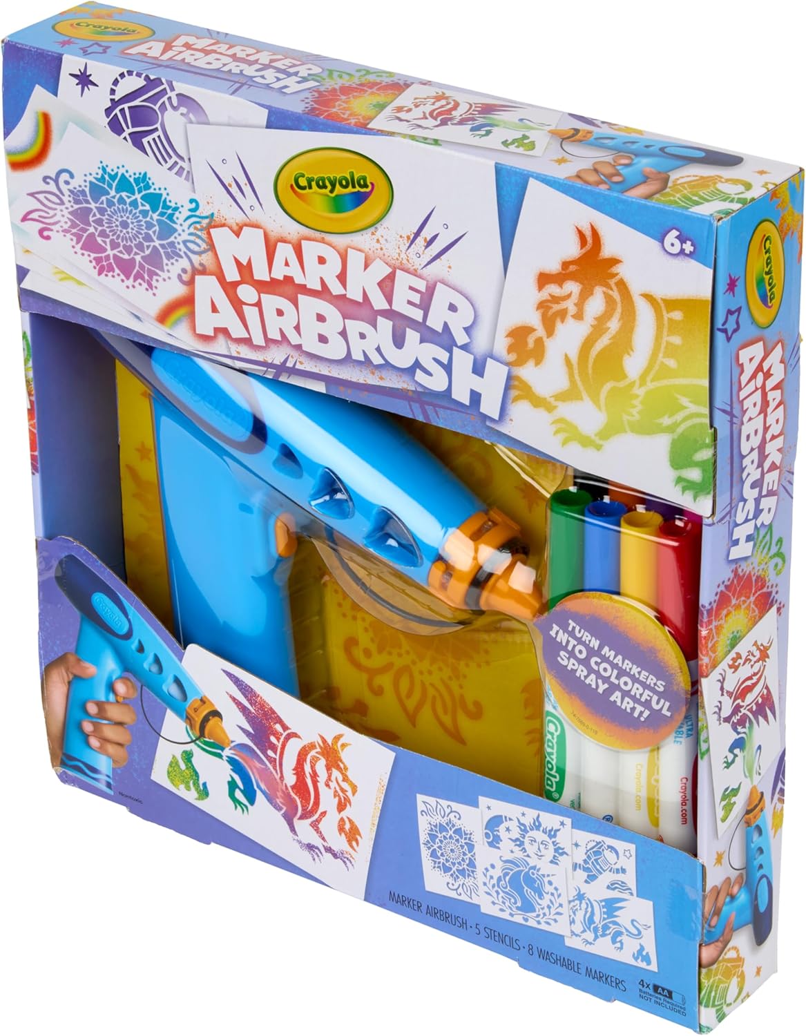 Crayola Marker Airbrush Spray Art Kit, 8 Washable Markers, 5 Stencils | Arts & Crafts Toys for Kids, Birthday, Holiday Gifts for Girls & Boys 6+, Battery-Powered Sprayer Kids Activities
