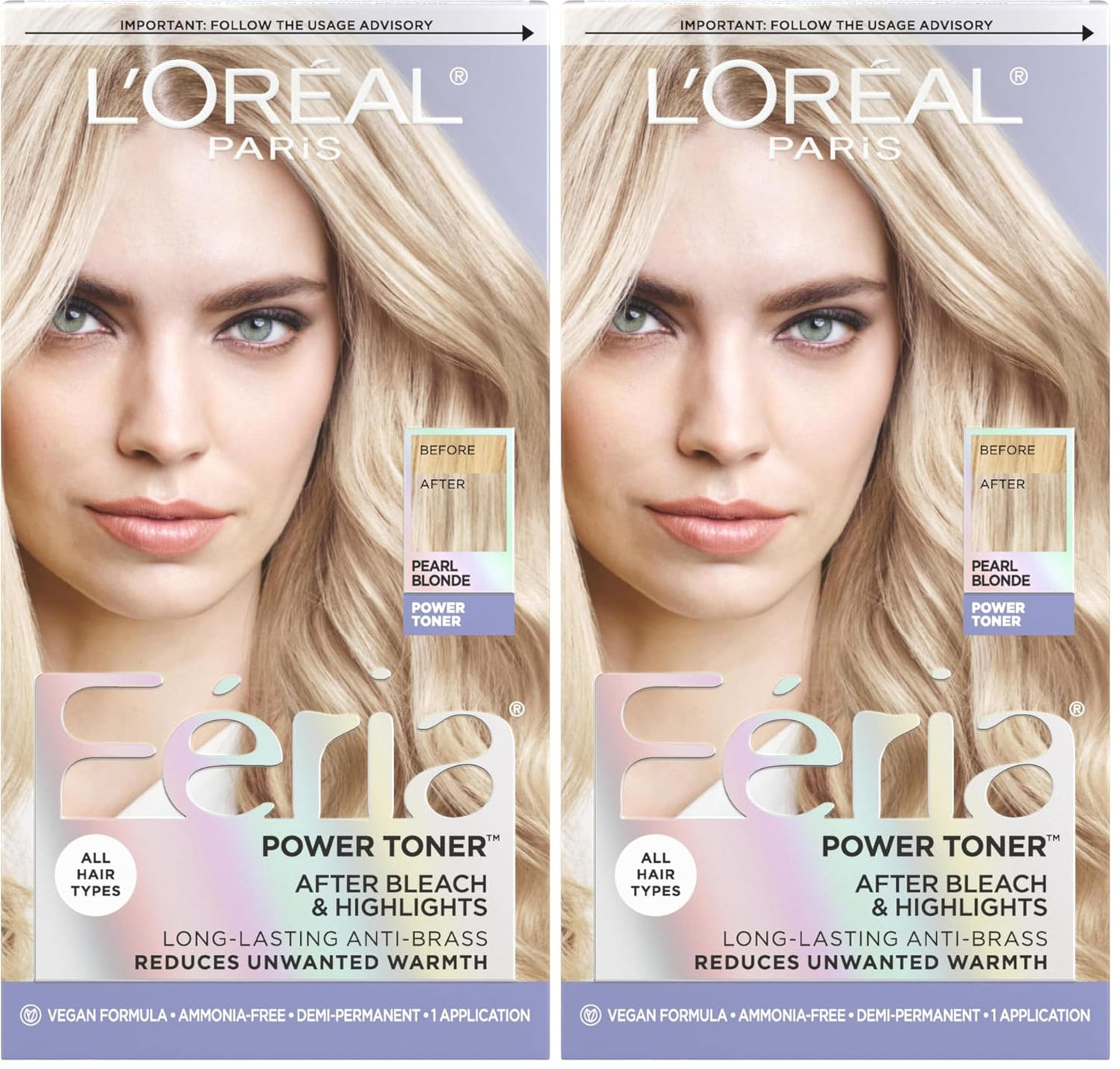 L'Oreal Paris Feria Long-Lasting Anti Brass Power Hair Toner, Ammonia Free Demi Permanent Hair Color, Pearl Blonde Hair Toner, 1 Application (Pack of 2)