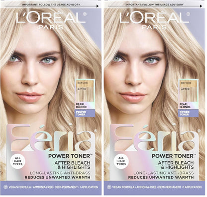 L'Oreal Paris Feria Long-Lasting Anti Brass Power Hair Toner, Ammonia Free Demi Permanent Hair Color, Pearl Blonde Hair Toner, 1 Application (Pack of 2)