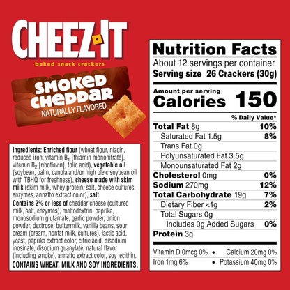 Cheez-It Baked Snack Crackers, Lunch Snacks, Smoked Cheddar, 12.4oz Box (1 Box)