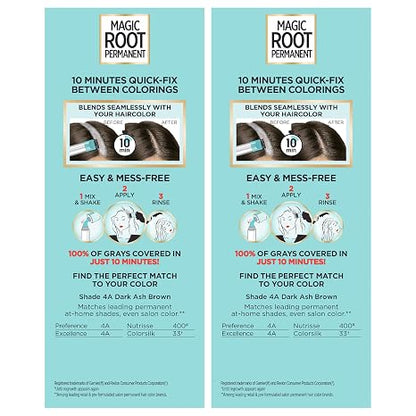 L'Oreal Paris Magic Root Permanent Hair Color Kit, 100% Gray Hair Coverage In Just 10 Minutes, Precision Brush Applicator for Seamless Application, 4A Dark Ash Brown (2 Count)