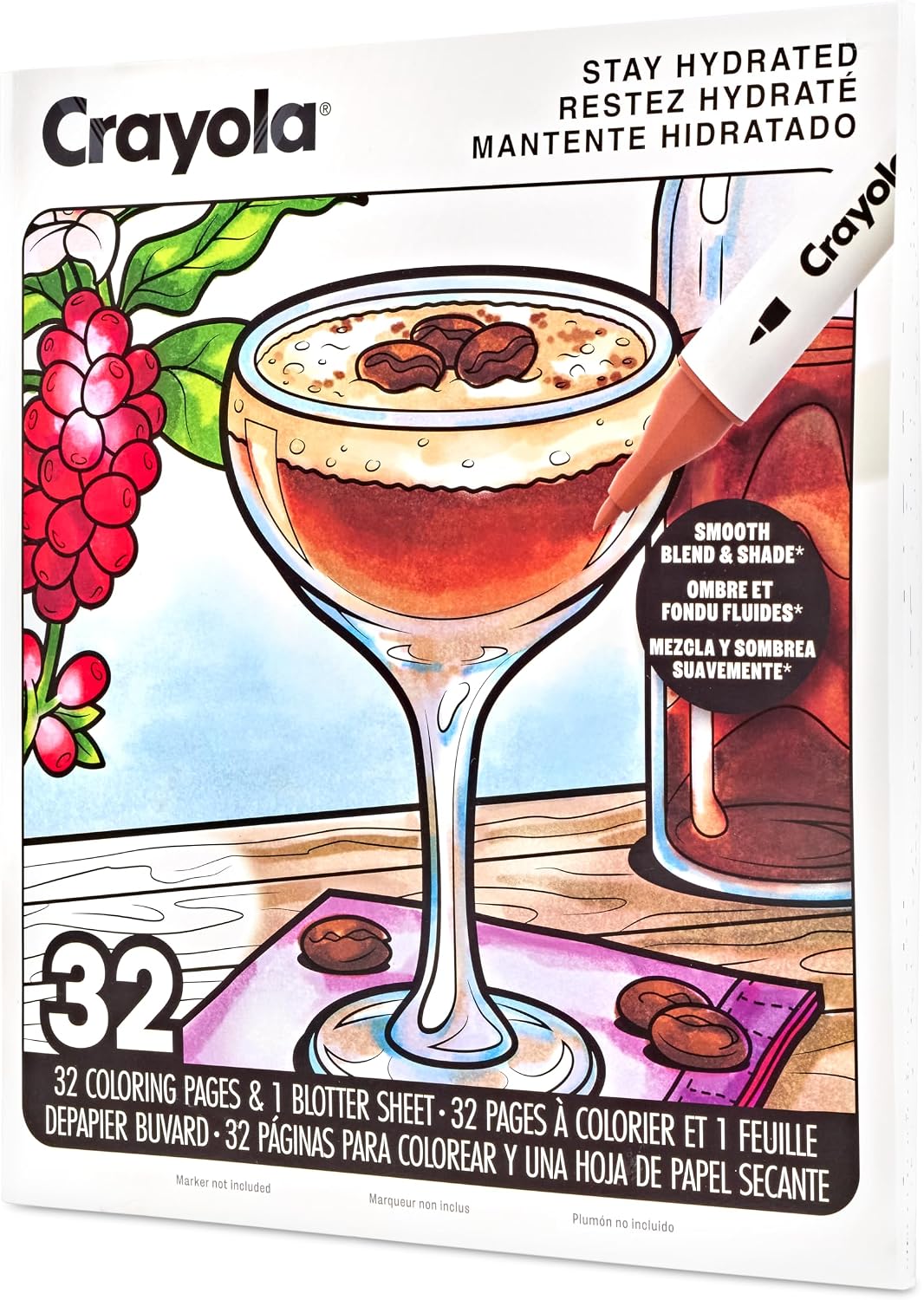 Crayola Stay Hydrated Adult Coloring Book, 32 Pgs, Premium Paper, Stress Relief and Relaxation Activities, Gift for Women and Men