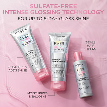 L’Oreal Paris Sulfate Free Glossing Shampoo with Glycolic Acid, Provides Intense Glass Hair Shine, Smoothness & Soft Feel, Suitable for Dull, Dry, and Color-Treated Hair, EverPure, 6.8 Fl Oz