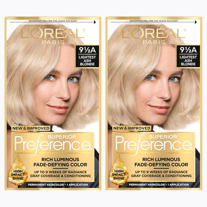L'Oreal Paris Superior Preference Luminous Fade-Defying Permanent Hair Color, Hair Dye For Up to 9 Weeks of Radiance, Lightest Ash Blonde 9.5A, 1 Hair Dye Kit (Pack of 2)