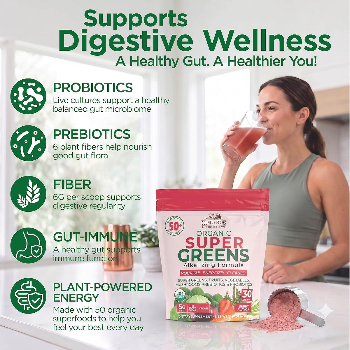 Country Farms Super Greens Berry Flavor, 50 Organic Super Foods, USDA Organic Drink Mix (Wheat Grass, Spirulina, Chlorella) Mushrooms & Probiotics, with Fiber, Gut Health, Natural Energy, 30 Servings