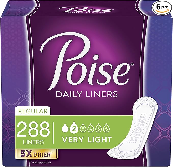 Poise Daily Incontinence Panty Liners, Very Light Absorbency, Regular, 288 Count (6 Packs of 48)