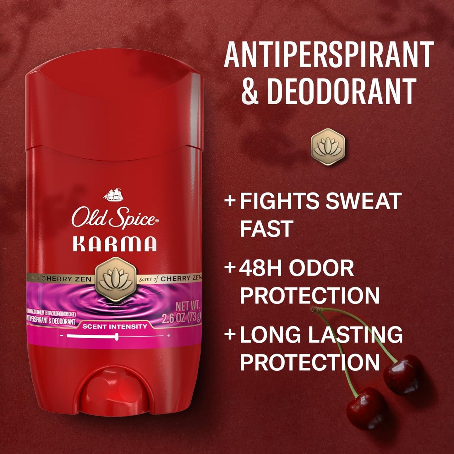 Old Spice Antiperspirant Deodorant for Men, 24/7 Sweat & Odor Protection, 24/7 Signature Scent & Lasting Freshness, Invisible Solid, Karma with Cherry Spice, Black Pepper, & Sandalwood Scent, 2.6 oz