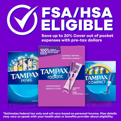 Tampax Radiant Tampons for Women Multipack, with LeakGuard Braid, Regular/Super Absorbency, Unscented, 84 Count (3 Packs of 28), Packaging May Vary