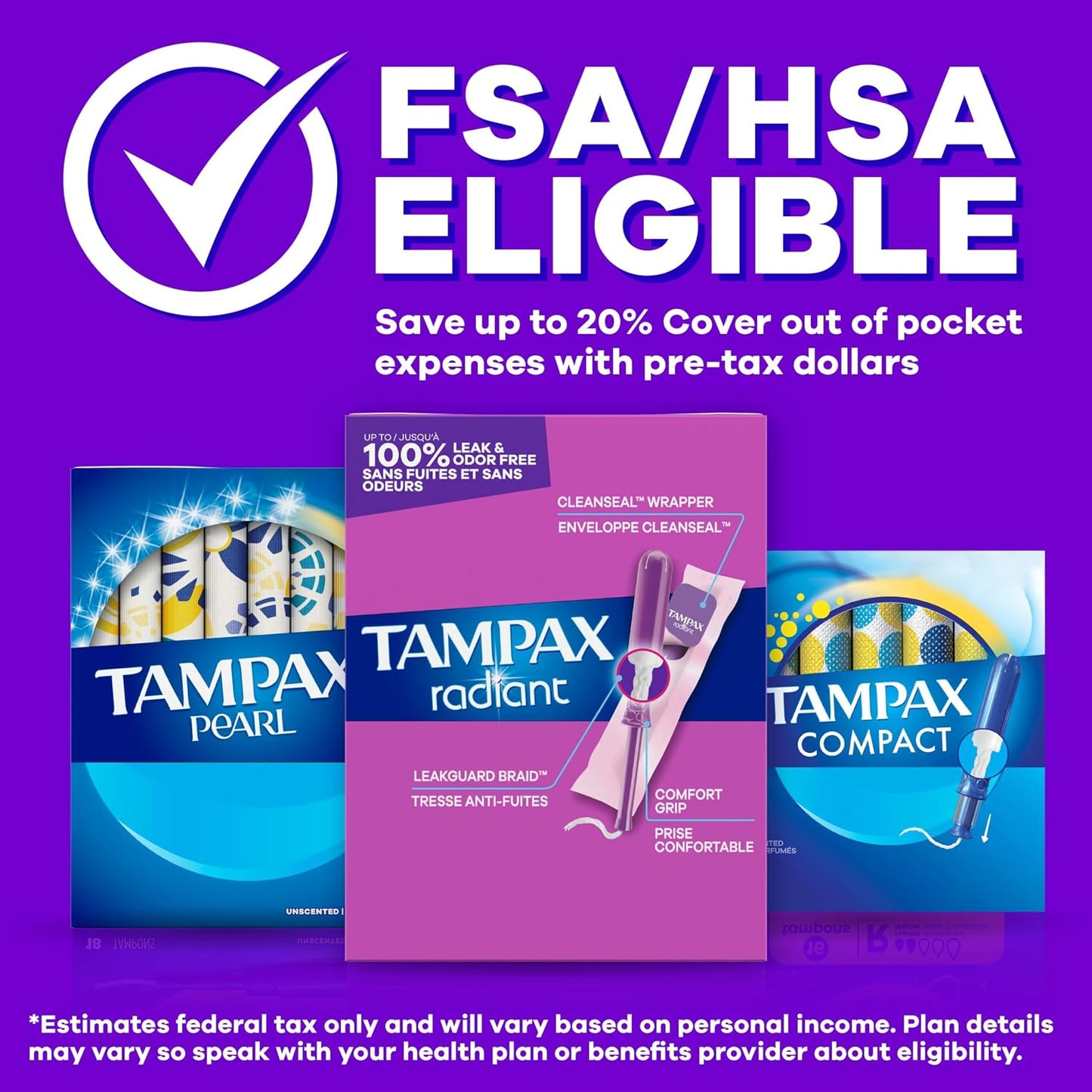 Tampax Radiant Tampons for Women Multipack, with LeakGuard Braid, Regular/Super/Super Plus Absorbency, Unscented, 112 Count (4 Packs of 28), Packaging May Vary