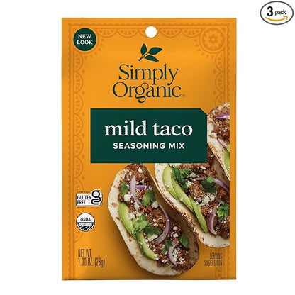 Simply Organic Mild Taco Seasoning Mix, Gluten Free, Certified Organic, Kosher, Vegetarian - Pure Flavor for Tacos, Stir-Fries, Mexican Dishes, and More | 1 Ounce (Pack of 3)