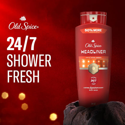 Old Spice Body Wash for Men, 24/7 Shower Fresh & Clean with Daily Use, Lasting Signature Scent, Refreshing Lather, Moisturizing Formula, Headliner with Black Currant, Leather, & Amber Scent, 24 oz